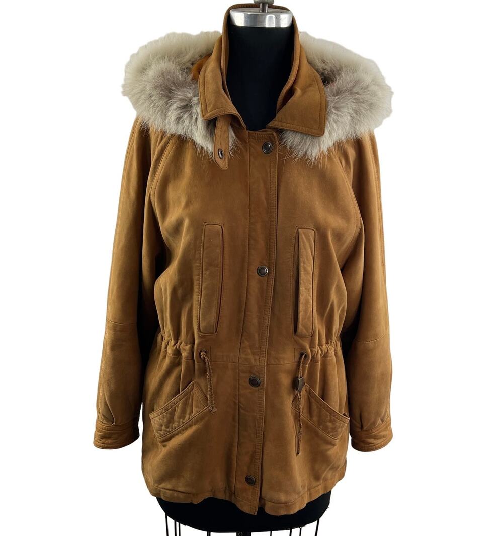 VINTAGE Perfect Tan Leather Zip Button Front Drawcord Waist Jacket Size M ITALY